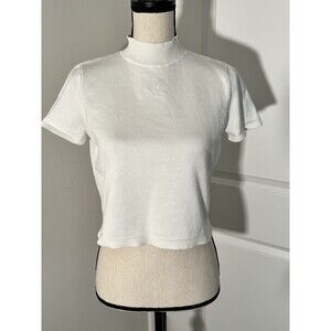 CK Calvin Klein Short Sleeve Mock Neck Cropped Sweater White Size Small EUC